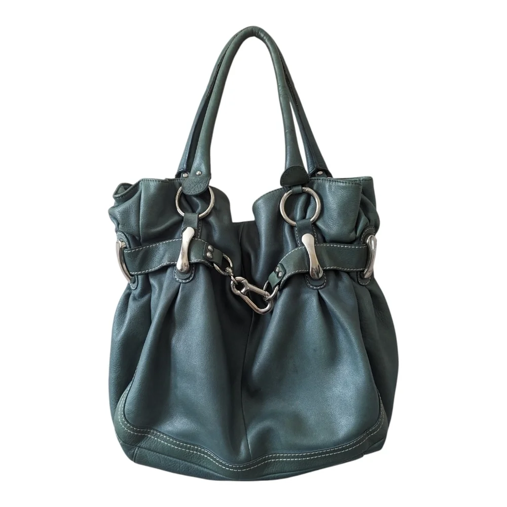 B. Makowsky Teal Slouchy Soft Pebble Leather Hobo Bag Y2K Bohemian Chunky Metal